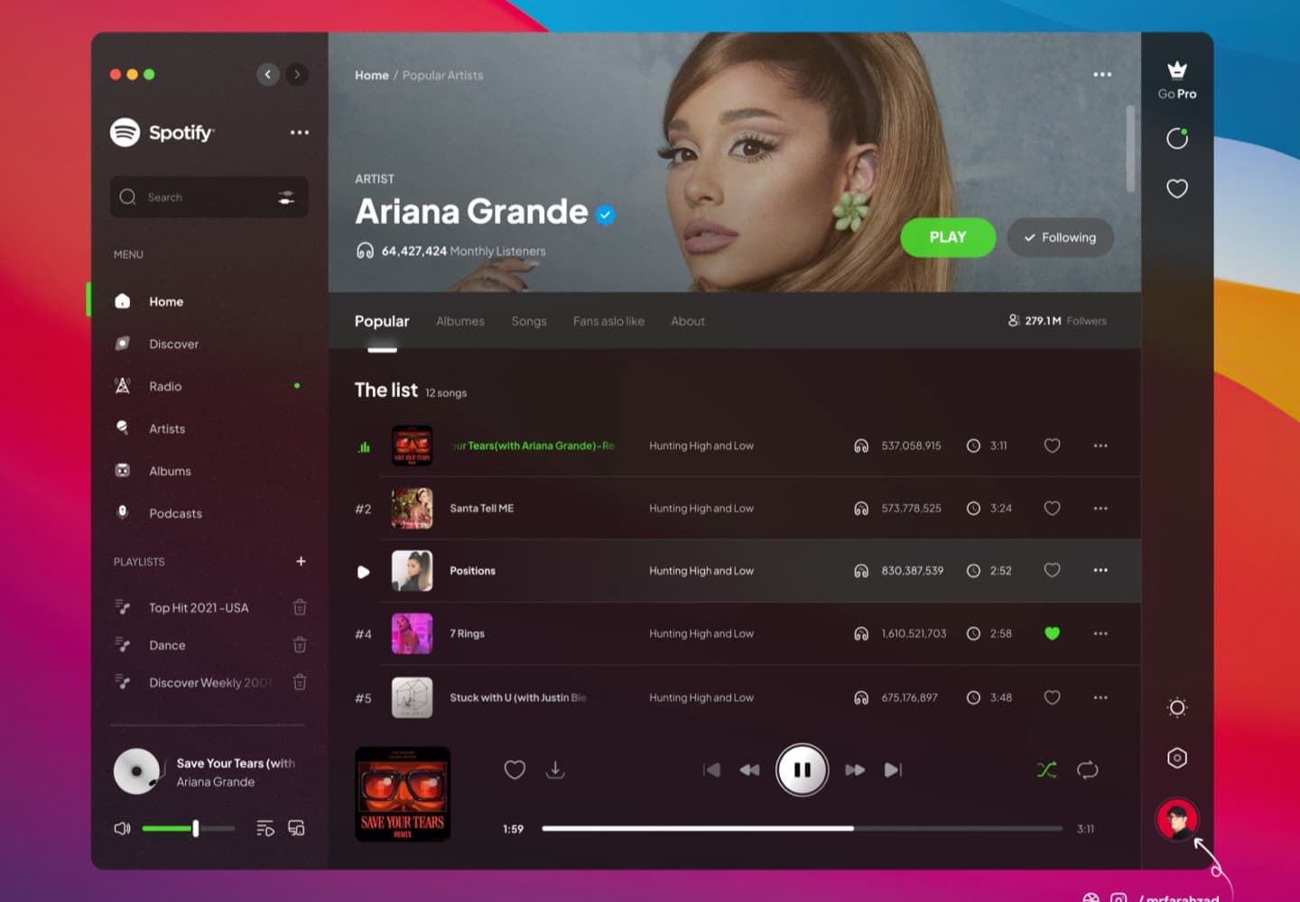 A dark music player redesign on desktop, over a colourful gradient backdrop