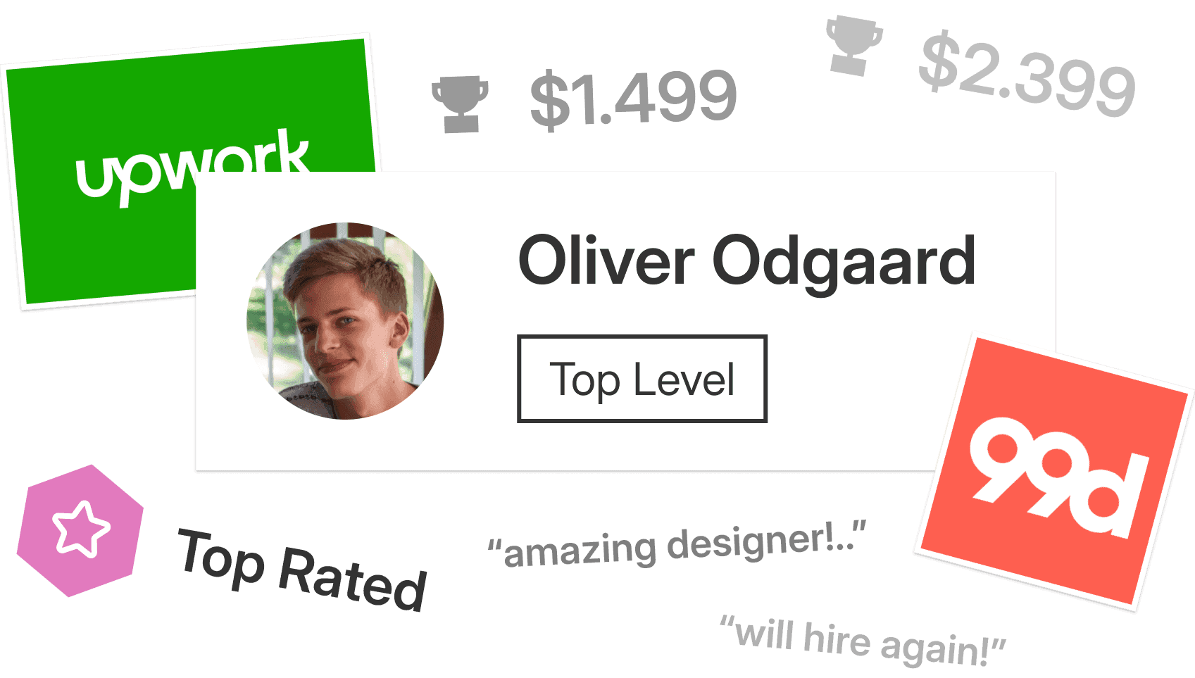 Upwork and 99designs badges, contest winnings and client quotes from early freelance work